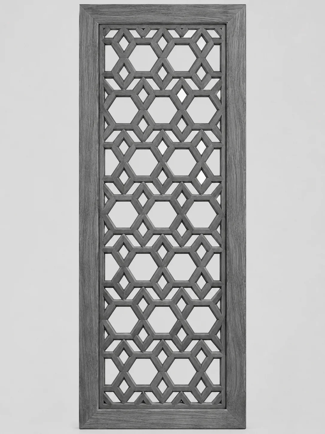 Concept study: a carved teak jali door panel, rendered in greyscale